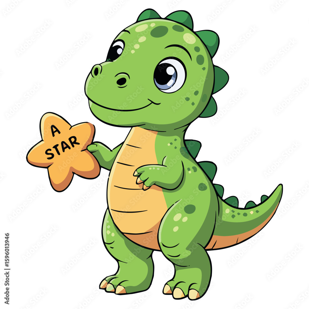 Obraz premium Clean and modern vector cute cartoon dinosaur vector illustration holding a star for kids design and educational resources art 1