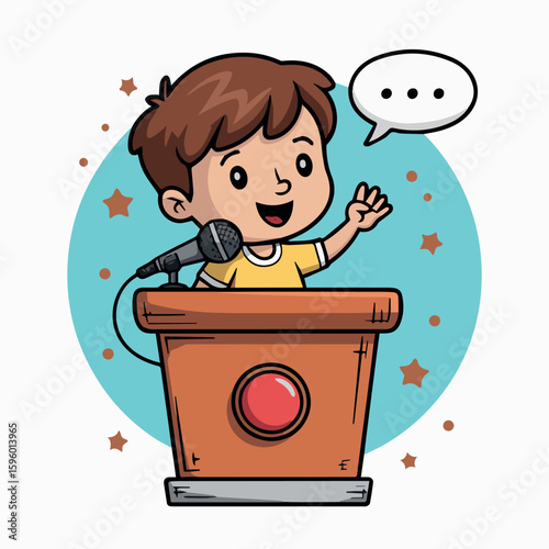 Clean and modern vector  cartoon kid giving speech at podium with microphone illustration for presentation and public speaking skills