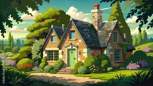 An old stone cottage in the Cotswolds, England, with ivy-covered walls, a thatched roof, and small arched windows, sitting quietly among lush green gardens.