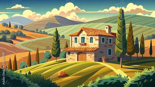 A rustic farmhouse in Tuscany, Italy, built from golden limestone and surrounded by olive trees and rolling hills under the Mediterranean sun. Its charm captures rural Italian heritage