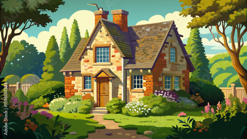 An old stone cottage in the Cotswolds, England, with ivy-covered walls, a thatched roof, and small arched windows, sitting quietly among lush green gardens.