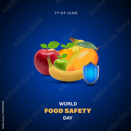 World Food Safety Day vector with colorful fruits and shield, promoting healthy eating, food hygiene, and global safety awareness for June 7th event.