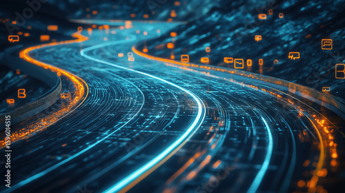 a drone view of a curving road with digital markers highlighting each phase of a project