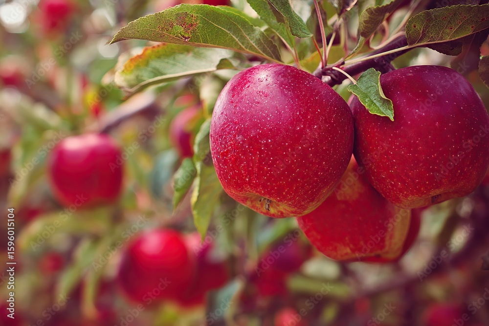 Obraz premium Ripe red apples on tree branch ready for harvest healthy food fruit