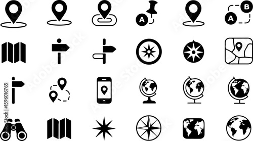 Icons for Navigation, Maps, Location Pins, and Travel Directions