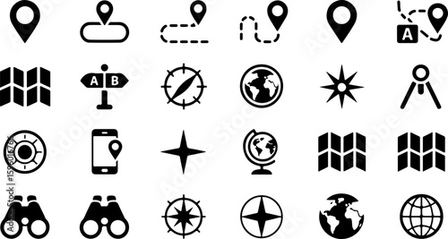 GPS, Map, and Location Icons for Travel, Navigation, and Direction Services