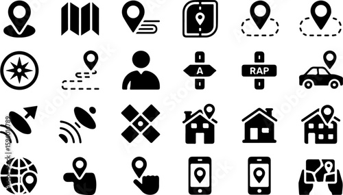Set of Navigation Icons for Travel, GPS, and Map Location Services