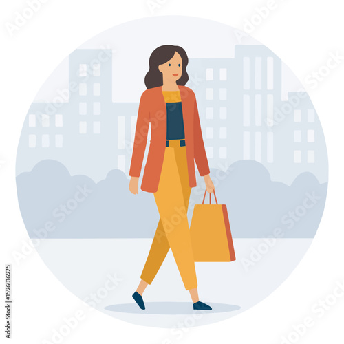 Clean and modern vector  woman shopping fashion style urban city lifestyle retail therapy purchase bag clothes happy modern design