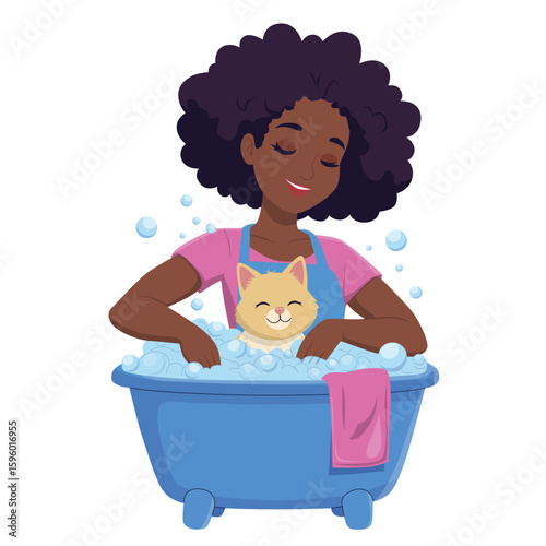Woman joyfully bathing a content cat in a tub full of bubbles. The illustration depicts a lighthearted pet grooming moment with smiles and relaxation. Perfect for pet care themes.