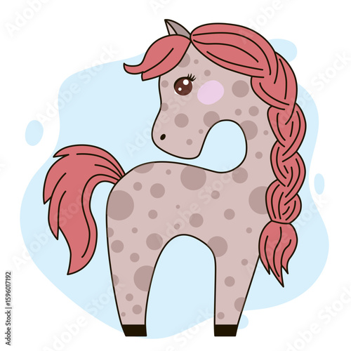 Charming vector illustration of a spotted pony with a braided mane. This whimsical design features a pink mane and tail, perfect for children s themes, decorations, or educational materials.