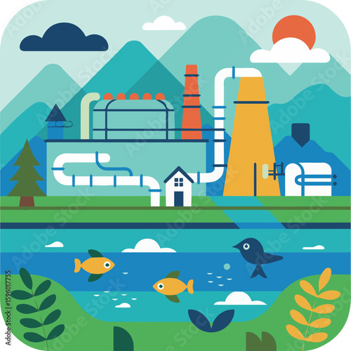 Clean and modern vector  illustration of factory landscape with river fish and bird vector art design graphic nature plant environment 100