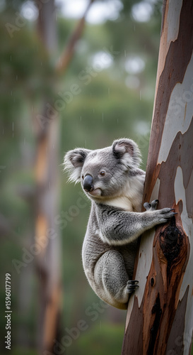Koala's Climb A Portrait of Wildlife in Eucalyptus Habitat, Reflecting Natural Australian Beauty and Ecosystem Harmony.
