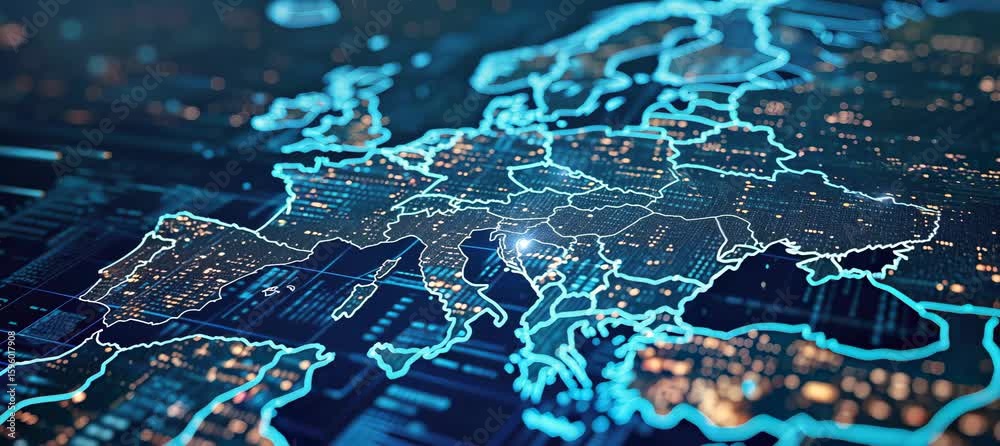 Europe modern network map. Information wireless data smart ecosystem. Generative video AI technology.