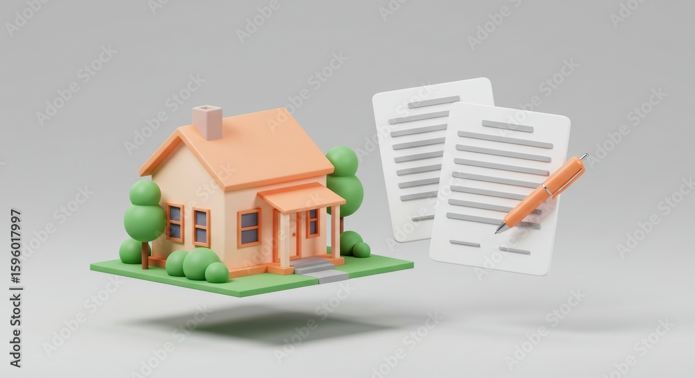 custom made wallpaper toronto digital3D rendered house with floating documents and a pen