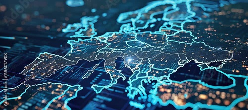 Europe modern network map. Information wireless data smart ecosystem. Generative video AI technology.
