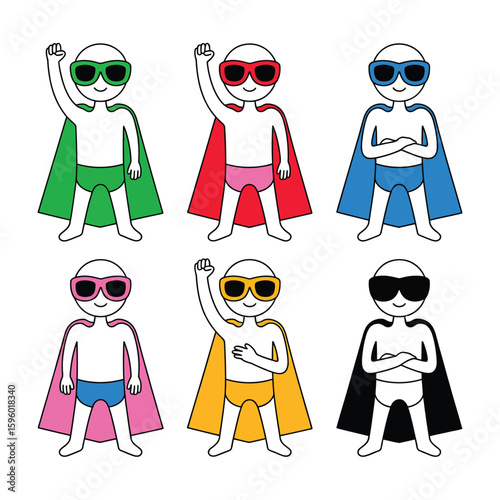 Six diverse cartoon superheroes in different colored capes and sunglasses