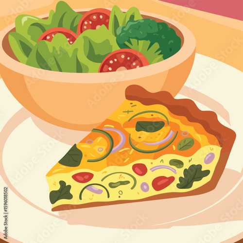 Delicious slice of quiche with a fresh green salad on a plate