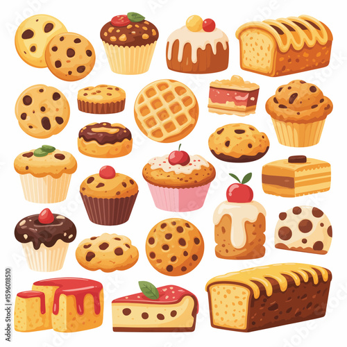 Assortment of delicious baked goods and desserts collection