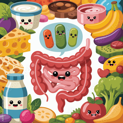 Cute cartoon intestines surrounded by healthy foods and probiotics