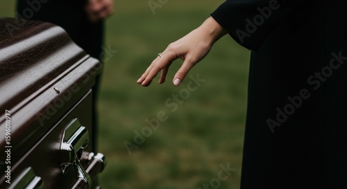 Woman’s hand touches coffin in emotional farewell
