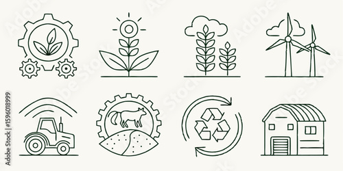 eco farm sustainable agriculture line icon set