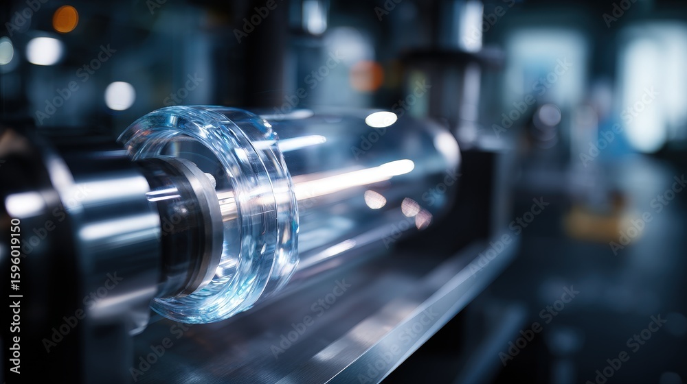 Fototapeta premium Close-up View of a Cylindrical Glass Tube with Blue Liquid Inside Industrial Machine
