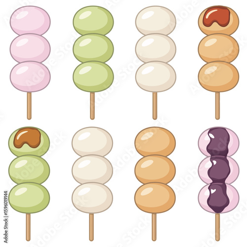 Collection of colorful dango skewers with different toppings and flavors
