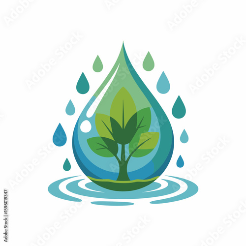 Green tree growing inside water droplet symbolizing nature and purity