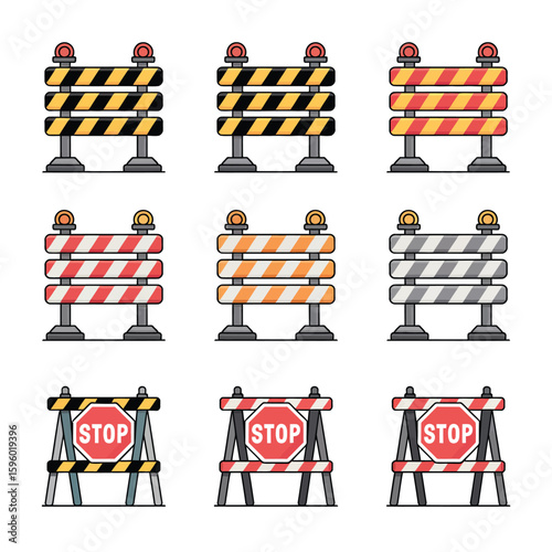 Collection of nine different safety and traffic control barricades with warning lights and stop signs