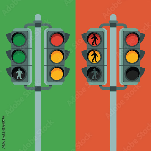 Split image of traffic lights showing go and stop signals for cars and pedestrians
