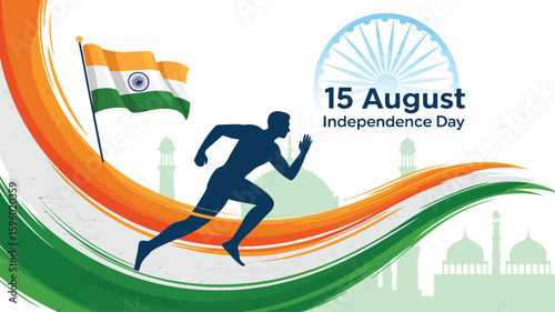 silhouette of runner with indian flag and “15 august independence day” message over iconic landmark backdrop, symbolizing unity and pride
