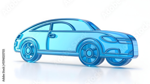 3D blue holographic glass car icon with smooth lines and modern style isolated on white background