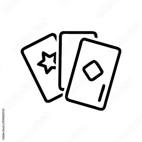 A minimalist linear icon of three scattered cards, featuring star and diamond symbols, representing fortune telling or gaming in a modern outline style, suitable for websites or blogs about casinos