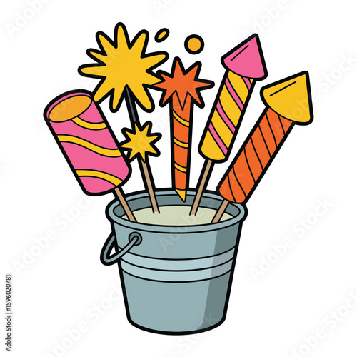 Bucket of colorful fireworks and sparklers ready for celebration
