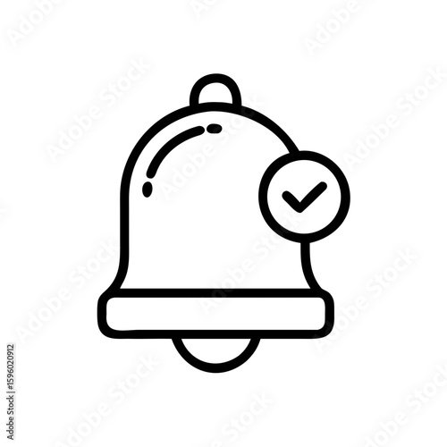 A simple line art bell icon with a checkmark and subtle rings, perfect for websites or blogs to indicate successful notifications, confirmations, or completed tasks.

