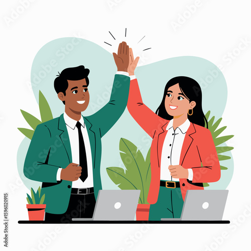 Clean and modern vector  teamwork collaboration success business achievement high five partnership office happy colleagues work together