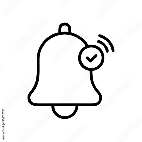 A simple line art bell icon with a checkmark and subtle rings, perfect for websites or blogs to indicate successful notifications, confirmations, or completed tasks.

