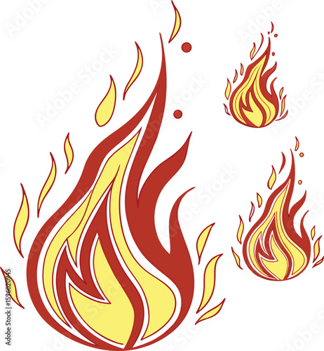 Vibrant vector illustrations of fiery orange and red flames blaze, depicting symbols of heat and burning danger