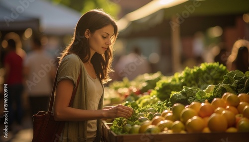 Una mujer joven haciendo compras en un mercado ecológico y orgánico al aire libre con frutas y verduras frescas