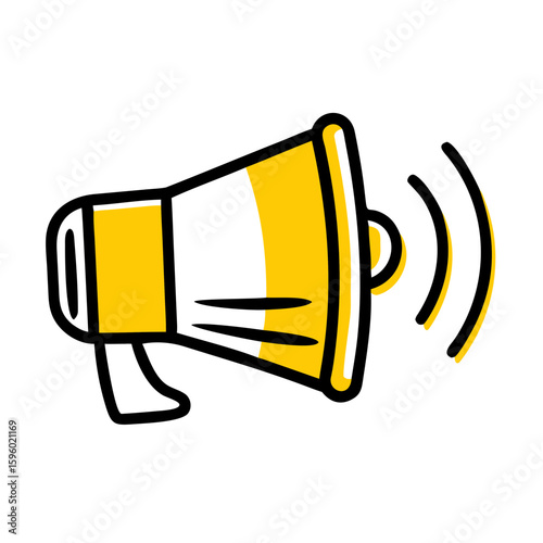 hand-drawn doodle icon of a megaphone with sound waves and yellow accents, ideal for websites or blogs on announcements, marketing, communication, public speaking, or promotions