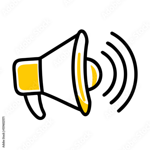hand-drawn doodle icon of a megaphone with sound waves and yellow accents, ideal for websites or blogs on announcements, marketing, communication, public speaking, or promotions