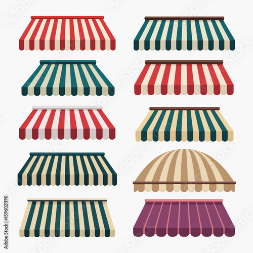Collection of striped awnings and canopies in various colors and styles