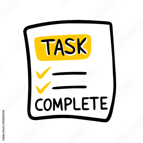 cartoonish drawing of a white document with "TASK" and "COMPLETE" in yellow, along with two yellow checkmarks, ideal for websites/blogs on productivity, task management, or project completion