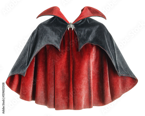 Red velvet vampire cape black collar dramatic gothic style Halloween costume accessory shiny fabric elegant fantasy theatrical spooky mysterious