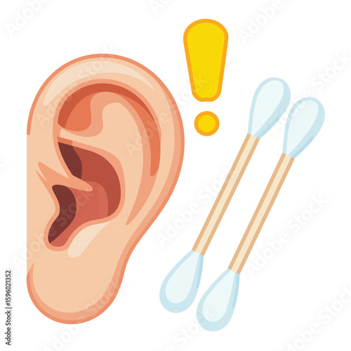 Illustration of a human ear with cotton swabs and a warning symbol
