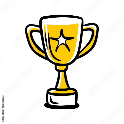 hand-drawn icon of a trophy with a star, ideal for websites or blogs indicating award, success, or achievement. The style is doodle.