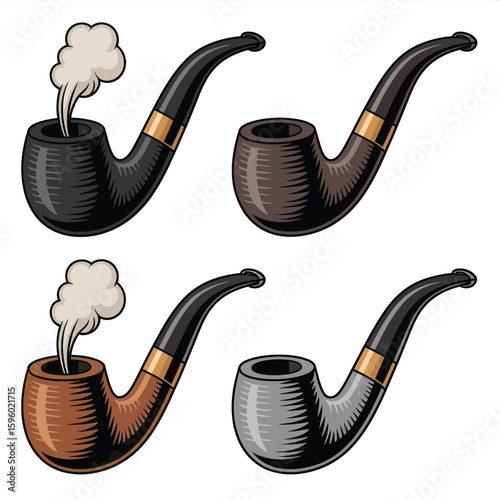 Collection of four vintage smoking pipes with swirling smoke