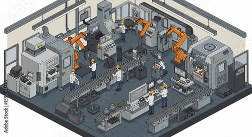 Isometric Factory Illustration: Robotic Arms Workers Conveyor Belts Manufacturing Process.