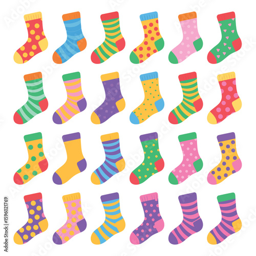 Collection of colorful and patterned socks arranged in rows