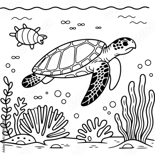 Clean and modern vector  sea turtle coloring page for kids and adults printable ocean animal drawing easy turtle outline under the sea art 100